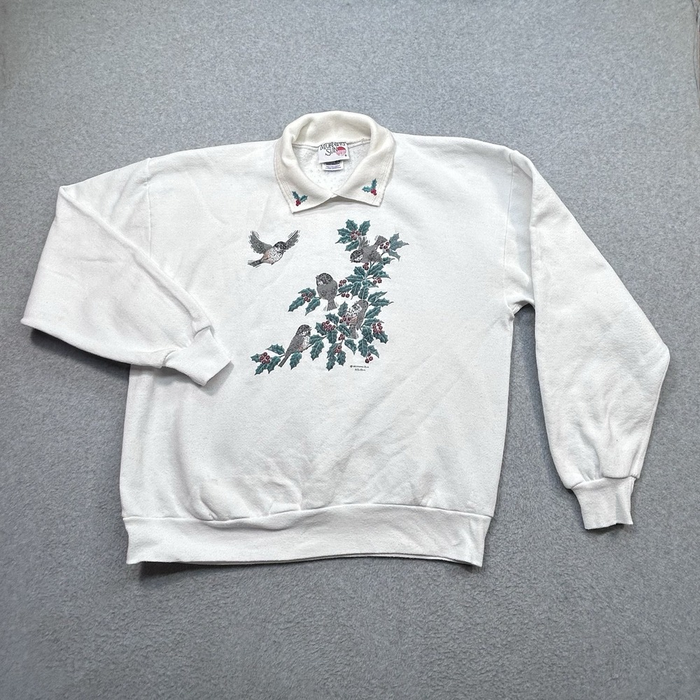 Morning Sun‎ Pullover Sweatshirt  White Colared Birds And Flowers Grandma.
